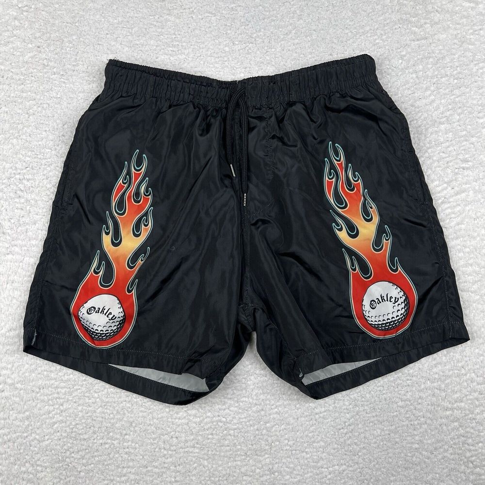 Vintage Oakley Shorts Mens‎ XS Black 90s Thermonuclear Swim Trunks Flames Lined